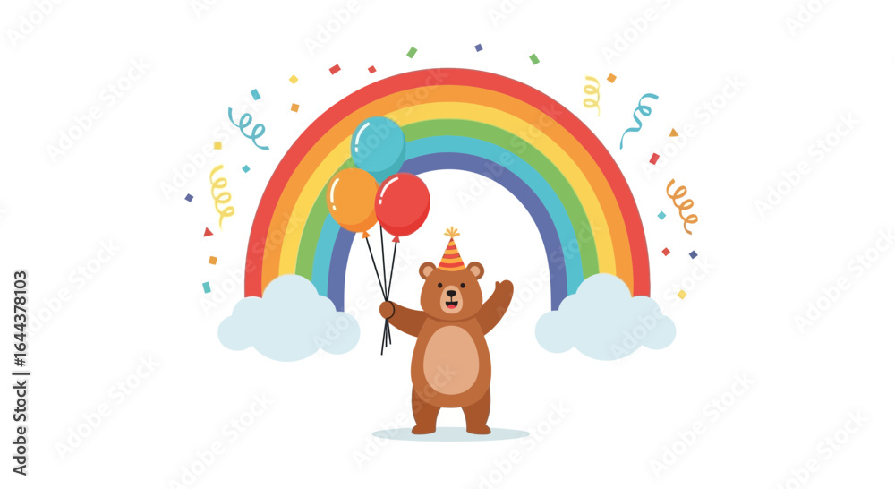 Fototapeta premium Festive bear celebrating with balloons rainbow and confetti adds joy to any design
