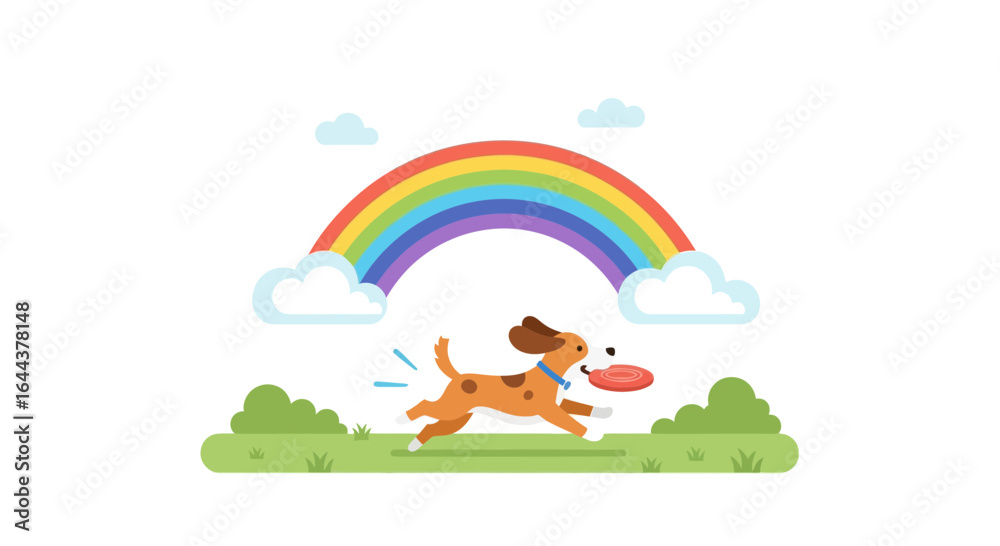 Fototapeta premium Happy dog playing frisbee in the park under a vibrant rainbow illustration