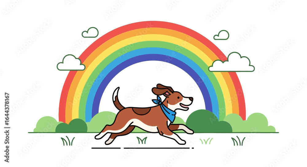 Naklejka premium Happy dog running under a bright rainbow illustration suitable for children content