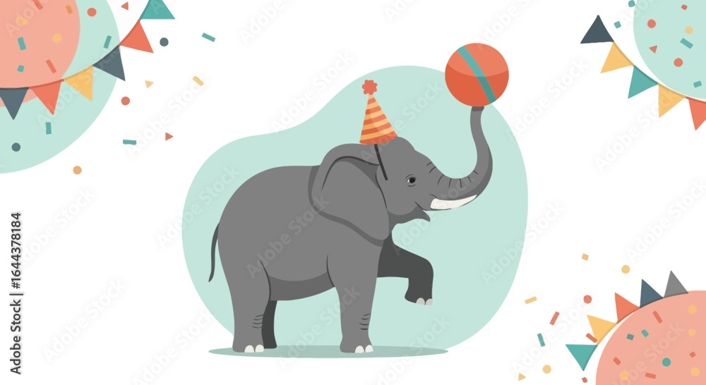 Fototapeta premium Festive Celebration: An Elephant Balancing a Ball at a Cheerful Party Illustration