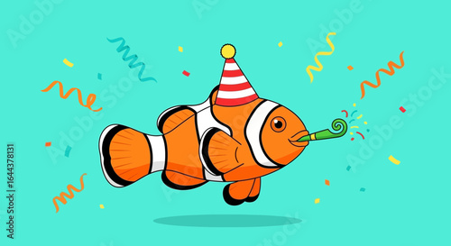 Festive cartoon clownfish with party hat and noisemaker on a turquoise background