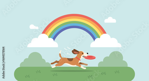 Happy Dog Running After Frisbee Under Rainbow Vector Background Illustration