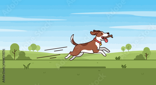 Happy dog running in a green field with a stick in its mouth, bright and cheerful outdoor scene for pet lovers and nature enthusiasts