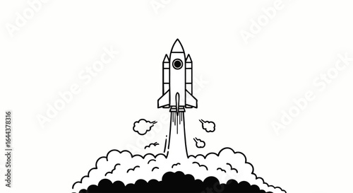 Black and white line art illustration of a space shuttle launching with billowing smoke clouds.