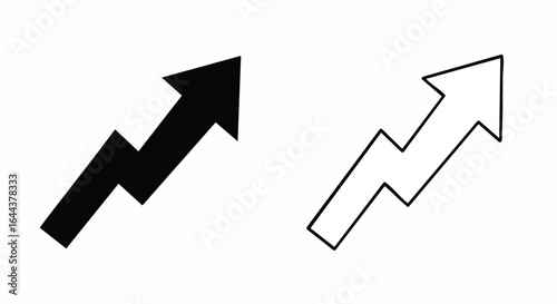 Black and white zigzag upward trend arrows, solid and outline vector icons