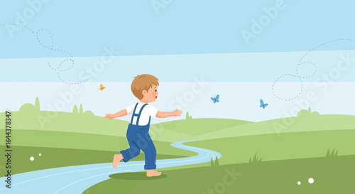 Happy little boy running after butterflies in a beautiful green landscape illustration