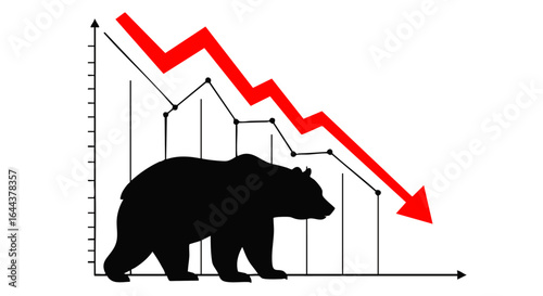 Black bear silhouette on a falling stock market chart with a bold red arrow indicating a financial crisis.