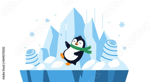 Happy Penguin With Scarf Having Fun On Iceberg In Winter Scene Illustration