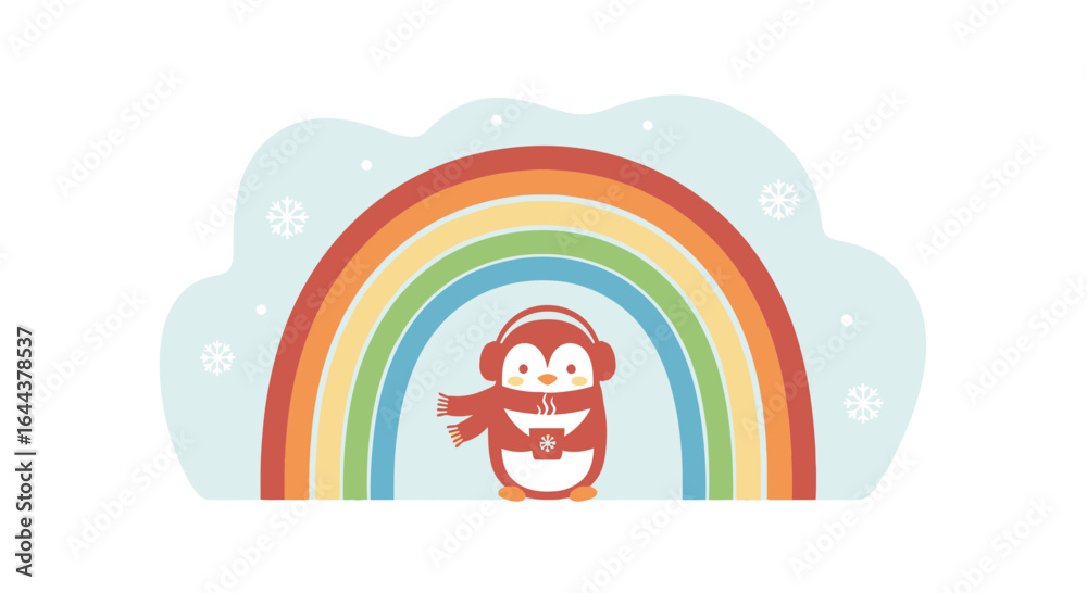 Fototapeta premium Festive Penguin Celebrating Winter Holidays with Rainbow and Snowflakes Graphic