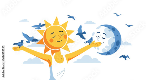 Harmony of Day and Night Sun and Moon Character Illustration with Birds