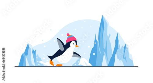 Festive penguin illustration with a fun, wintery background scene featuring icebergs