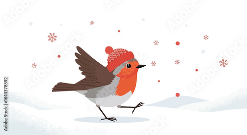 Festive Robin Bird in Winter Scene with Red Hat and Snowflakes for Christmas Holidays
