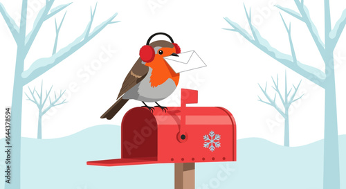 Festive robin delivering a winter message on a snowy landscape illustration