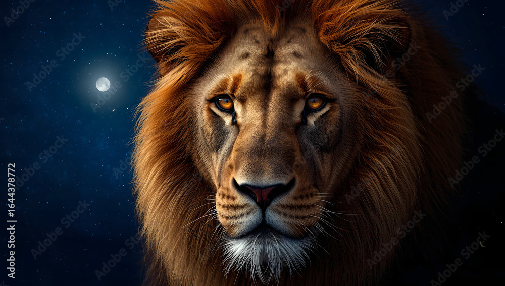 Fototapeta premium Close-up of a majestic lion's head under a night sky with moon.