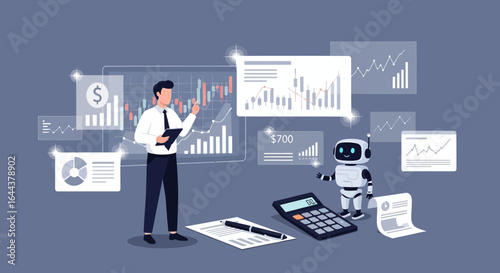 Financial analysis and artificial intelligence working together showing market data in charts and graphs providing insights