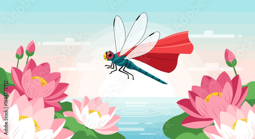 Heroic Dragonfly Ascending Amidst Blooming Lotus Flowers Cartoon Colorful Design