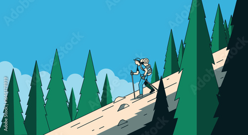 Hiker trekking through lush forest, adventure in the wilderness outdoor recreation and challenging uphill climb landscape illustration