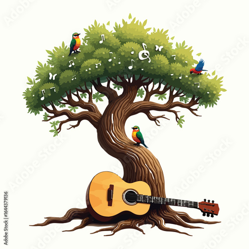 T Shirt Design A whimsical cartoon tree monster with a green guitar creates a fantastic musical illustration