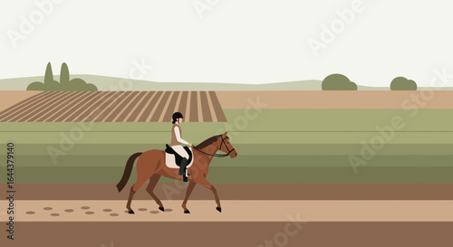 Horseback riding in the countryside showcases the tranquility of rural life vector illustration