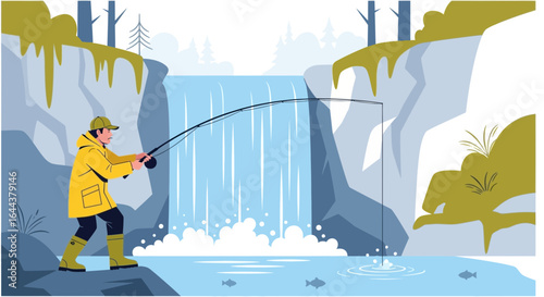 Fisherman casting a fishing rod into a river near a waterfall illustration landscape vector art outdoors activity adventure recreation