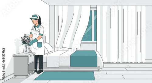 Hotel room service concept with maid arranging flowers in a vase in a clean bedroom illustration