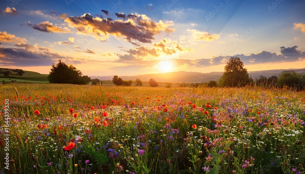Obraz premium champ de fleur sauvage paysage au coucher du soleil dans la campagne