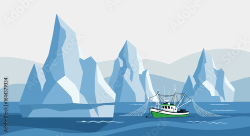 Fishing boat sailing through icy waters with massive glaciers in the background beautiful landscape scenery and frozen icebergs