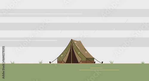 Flat Design Illustration Of Tent On Green Field With Overcast Sky