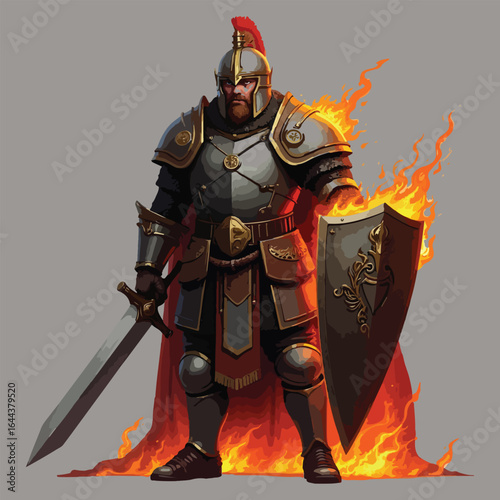 T Shirt Design A medieval warrior in a suit of steel armor holds a sword and shield, ready for battle