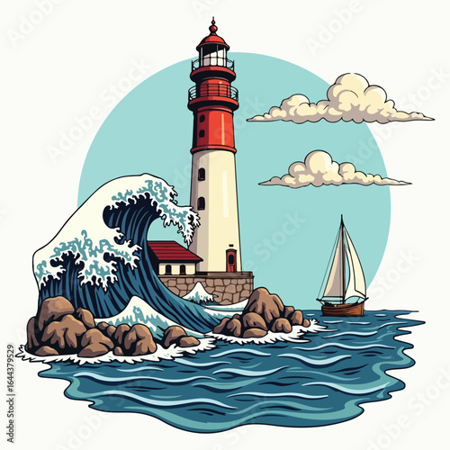 T Shirt Design A white lighthouse tower stands as a beacon on a rocky island, its light guiding ships through the coastal sea