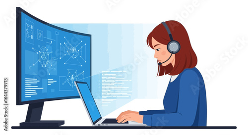 Focused customer service representative providing technical support assistance online via computer and headset in the office
