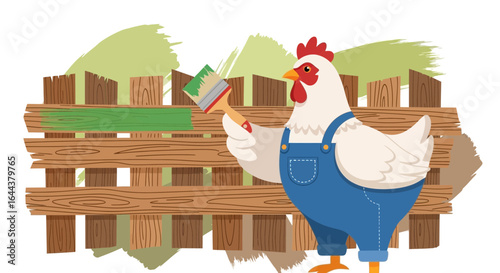 Humorous cartoon of a chicken painting a wooden fence with a vibrant green color highlighting the joy of farm life