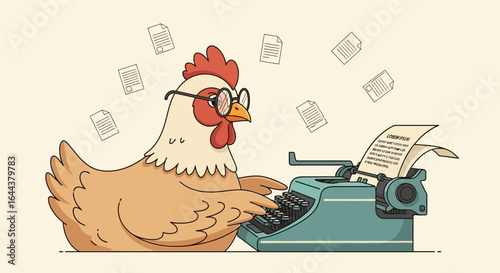 Humorous cartoon of a chicken wearing glasses typing on a vintage typewriter