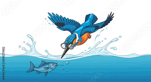 Humorous Illustration of a Kingfisher with Glasses Hunting Fish in Water Cartoonish Style