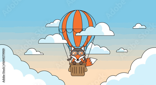 Fox pilot on an adventure, floating amidst clouds in a vibrant hot air balloon drawing