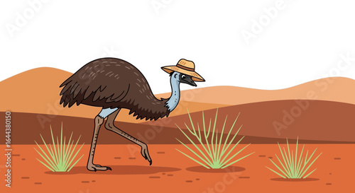 Humorous illustration of an emu wearing a hat in the australian outback scenery