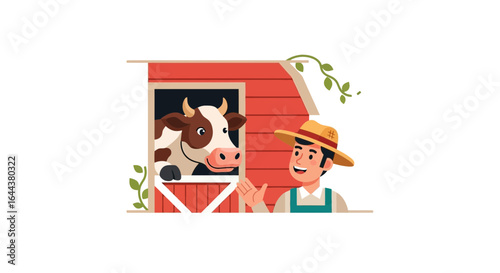 Friendly farmer greeting a cow at a barn, symbolizing rural life and agriculture, showcasing farming practices and animal husbandry in the countryside