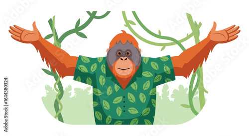 Friendly Orangutan Illustration Welcoming with Open Arms in the Jungle Environment