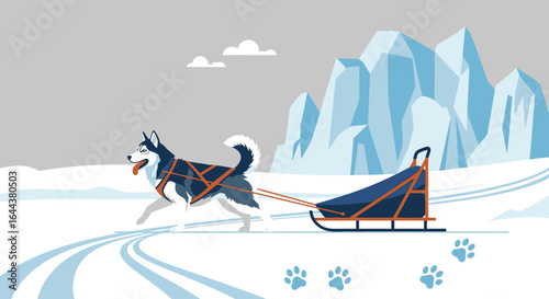 Husky dog sledding in a winter landscape featuring snow, mountains and a dog team pulling a sled adventure