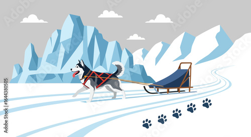 Husky dog sledding on snowy landscape with mountains illustration concept