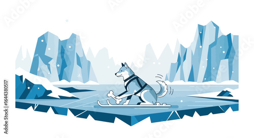 Husky dog sledding in arctic landscape illustration with iceberg background