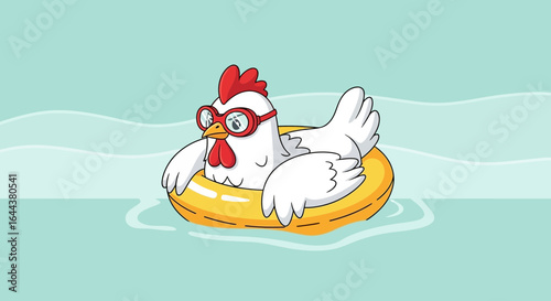 Funny cartoon chicken with swimming goggles in a yellow swim ring enjoying summer vacation in the water