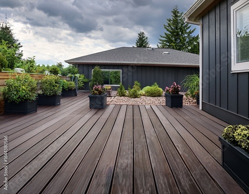 dark gray composite decking with landscaping