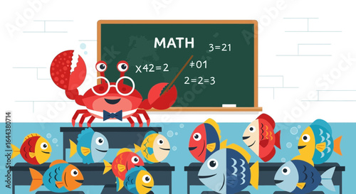 Funny crab teacher in the sea with fish students teaching math class in classroom