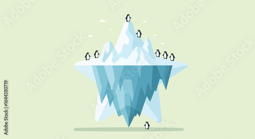 Iceberg with Penguins Illustrating the Tip of the Iceberg Concept on Green Background