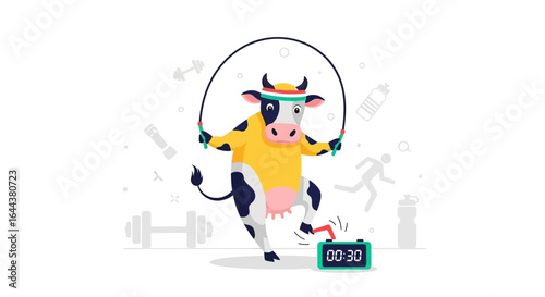 Funny fitness concept: A cartoon cow exercising with a jump rope and timer, with white background and exercising icons around it