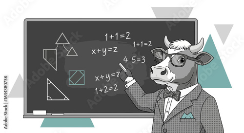 Funny illustration of a cow professor teaching mathematics at the chalkboard in a classroom setting conveying education and humor