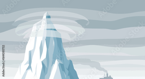 Icy Landscape With Dominant Iceberg And Distant Ship In Pale Hues