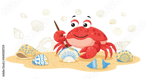 Funny red crab painting seashells on the beach cartoon illustration concept with artistic flair suitable for children's content