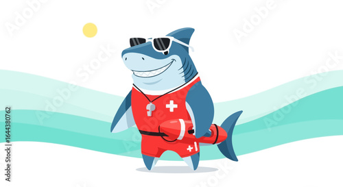 Funny shark lifeguard cartoon illustration standing on a beach sunny day vector art